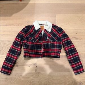 Levi's Cream Sherpa Jacket with Red Plaid Accents
